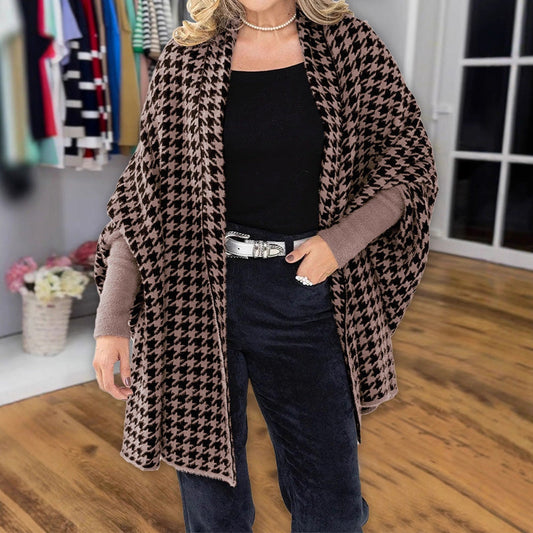 Open Front Houndstooth Poncho for Women