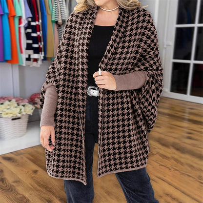 Open Front Houndstooth Poncho for Women